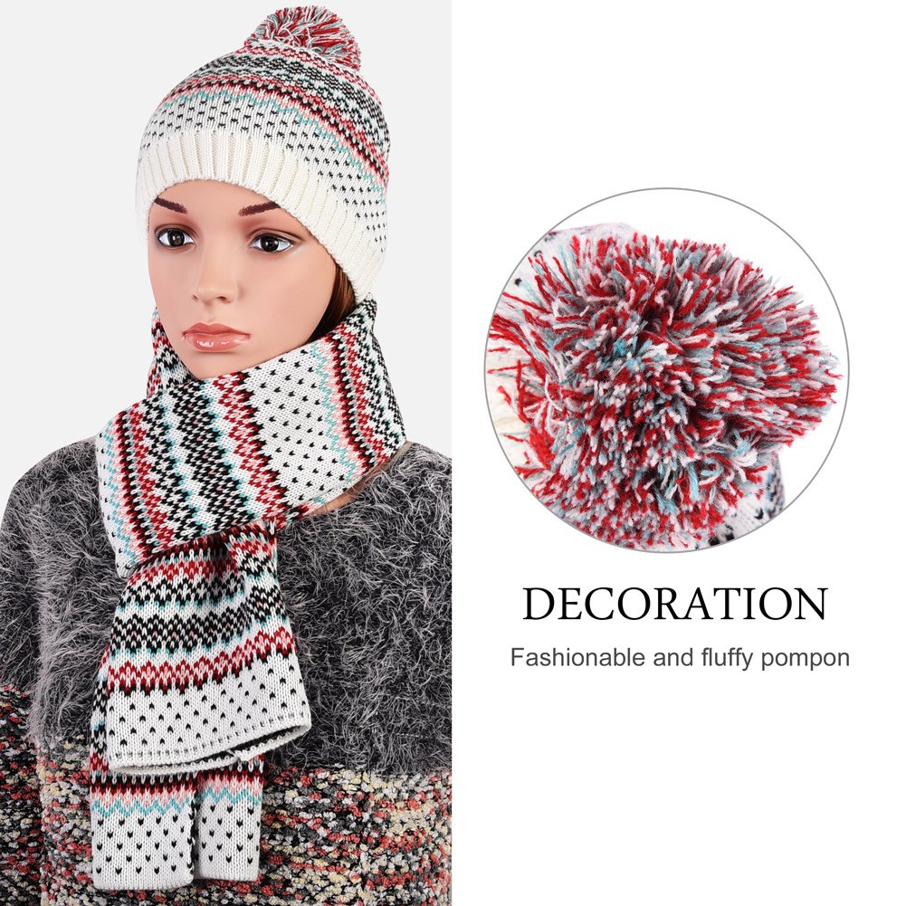 Vbiger Wintermütze klassische Beanie Mütze Damen Mütze und Schal Warm Strickmütze und Strickschal 2 PCS, Weiß+, Einheitsgröße