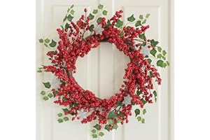 Hometrance Red Berry Christmas Wreaths for Front Door 20 Inches, Xmas Winter Wreath with Snowflakes for Window Outdoor Outside, Artificial Holiday Farmhouse Modern Wreath for Indoor Decor