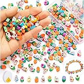 250PCS Easter Polymer Clay Beads, Colorful and Cute Rabbit Flower Carrot Beads Charms for Jewelry Making, Bracelets Making DIY Necklace Accessories Gifts