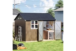 Grovellis Update 8x10 FT Outdoor Metal Storage Shed, Single Door, 1 Clear Window, Tool Shed for Garden, Patio, Backyard Brown