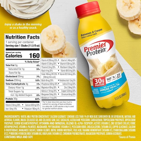 PREMIER PROTEIN 30G PROTEIN SHAKE, BANANAS & CREAM, 30G PROTEIN, 1G SUGAR, 24 VITAMINS & MINERALS, NUTRIENTS TO SUPPORT IMMUNE HEALTH,11.5 FL OZ