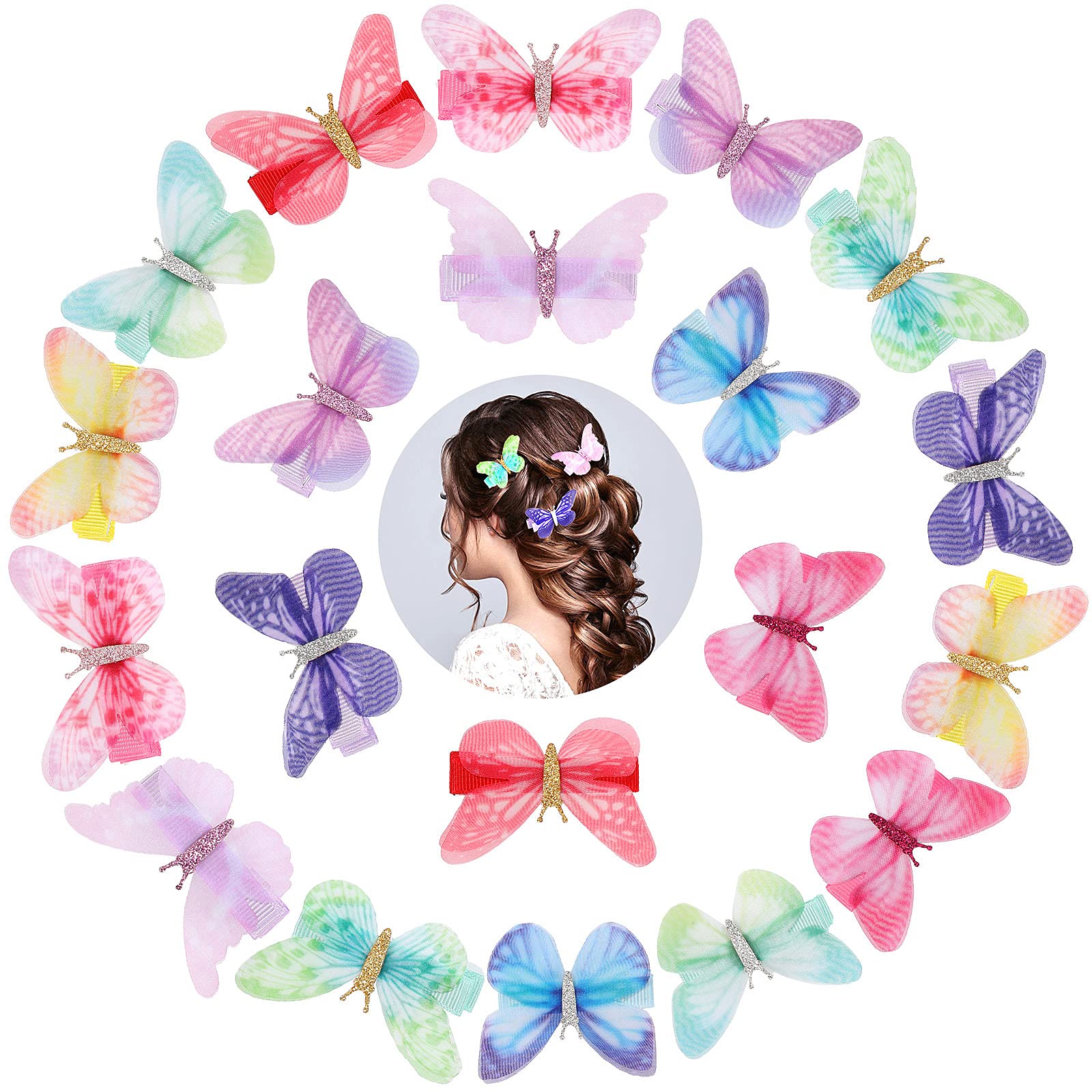 20 Pieces Glitter Butterfly Hair Clip Fairy Realistic Hair Clip Lace Butterfly Hair Clip Butterfly Lace Barrette Colorful Gauze Butterfly Clip Butterfly Snap Hair Clip for Kids Women Girls