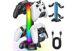 LIFUFUTEE Dual Charging Station for PS5 Controllers Only with 2 Charging Holder, with 2 Non-Charging Controller Holder for Xbox/PS5/PS4/Switch/PC, Dynamic Lights, 2 USB Ports, Detachable Controller Stand