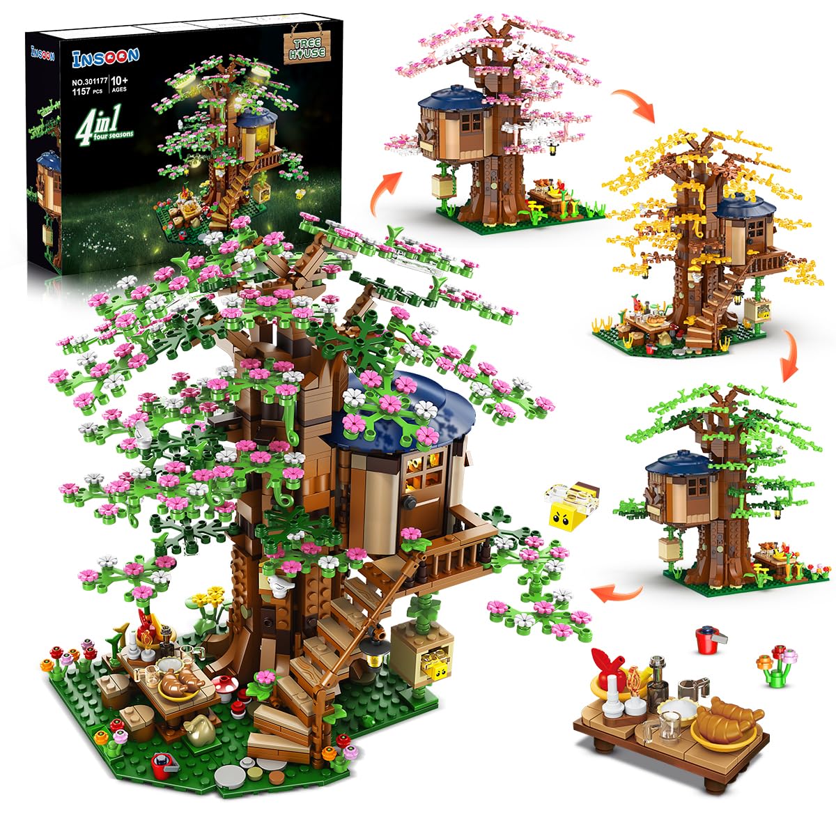 Photo 1 of (missing bag 3) INSOON 4 in 1 Tree House Building Set with LED Light, 1157 PCS Flowers Treehouse Building Block Toy, Forest Wood House Kit