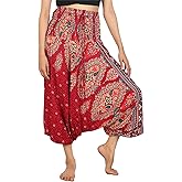 LOFBAZ Yoga Harem Pants for Women Boho Hippie Bohemian Clothing Womens Indian Beach Gypsy Clothes Maternity Genie Jumpsuit Floral Burgundy S