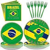 96 Pcs Brazil Flag Birthday Party Supplies Brazil Flag Party Plates and Napkins Disposable Brazilian Flag Tableware Set for Brazil Party Decorations Patriotic Event Birthday Family Gathering Serves 24