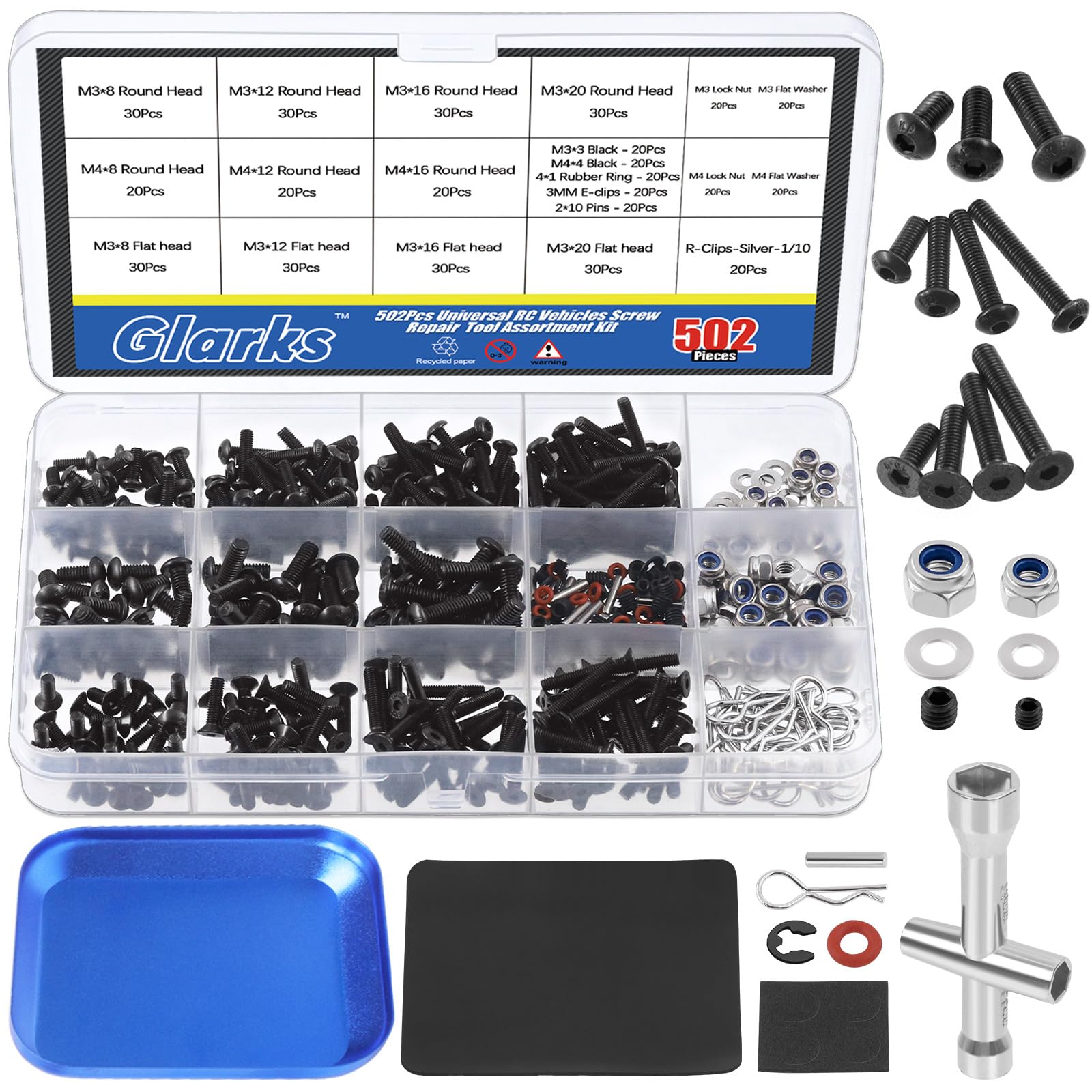Glarks 502Pcs Universal RC Screw Kit Screws Assortment Hex Socket Head Screws and Tools Set Hardware Fasteners for Traxxas Axial Redcat HPI Arrma Losi 1/8 1/10 1/12 1/16 Scale RC Car Trucks Crawler