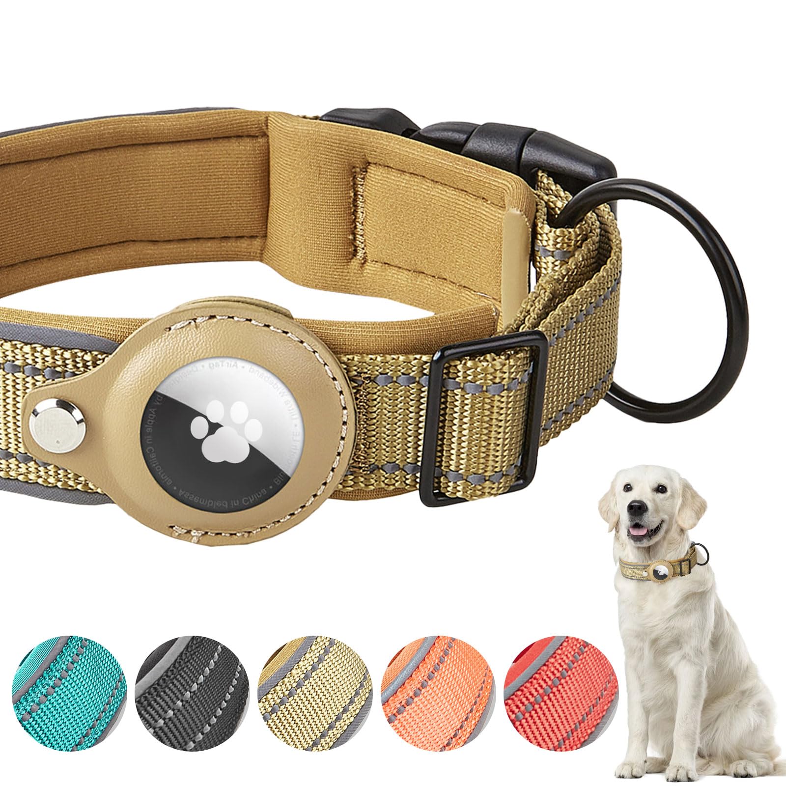 Boloshine Airtag Dog Collar, Adjustable Reflective Nylon Dog Collar, with Quick Release Buckle and Holder for Apple Air Tag, Durable Anti-lost Dog Collars for Small Medium Large Dogs (Khaki, L)