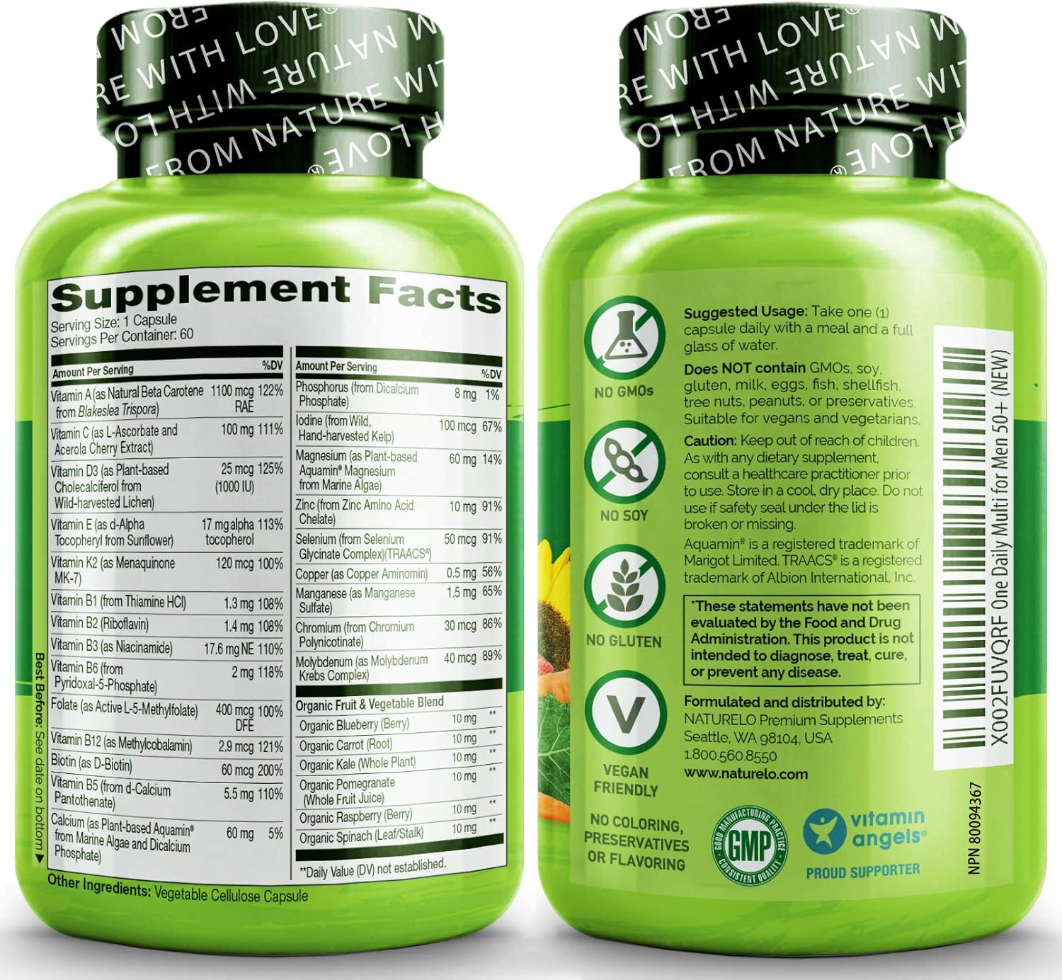 NATURELO One Daily Multivitamin for Men 50+ - with Whole Food Vitamins - Organic Extracts - Natural Supplement - Best for Energy, General Health - Non-GMO - 60 Capsules | 2 Month Supply: Health & Personal Care