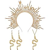 COSUCOS Halloween Medusa Costume Accessories Set, 3 Pcs Renaissance Gold Sunburst Witch Snake Halo Crown with Earring Necklace, Renfaire Sun Greek Goddess Headpiece for Women Cosplay Party