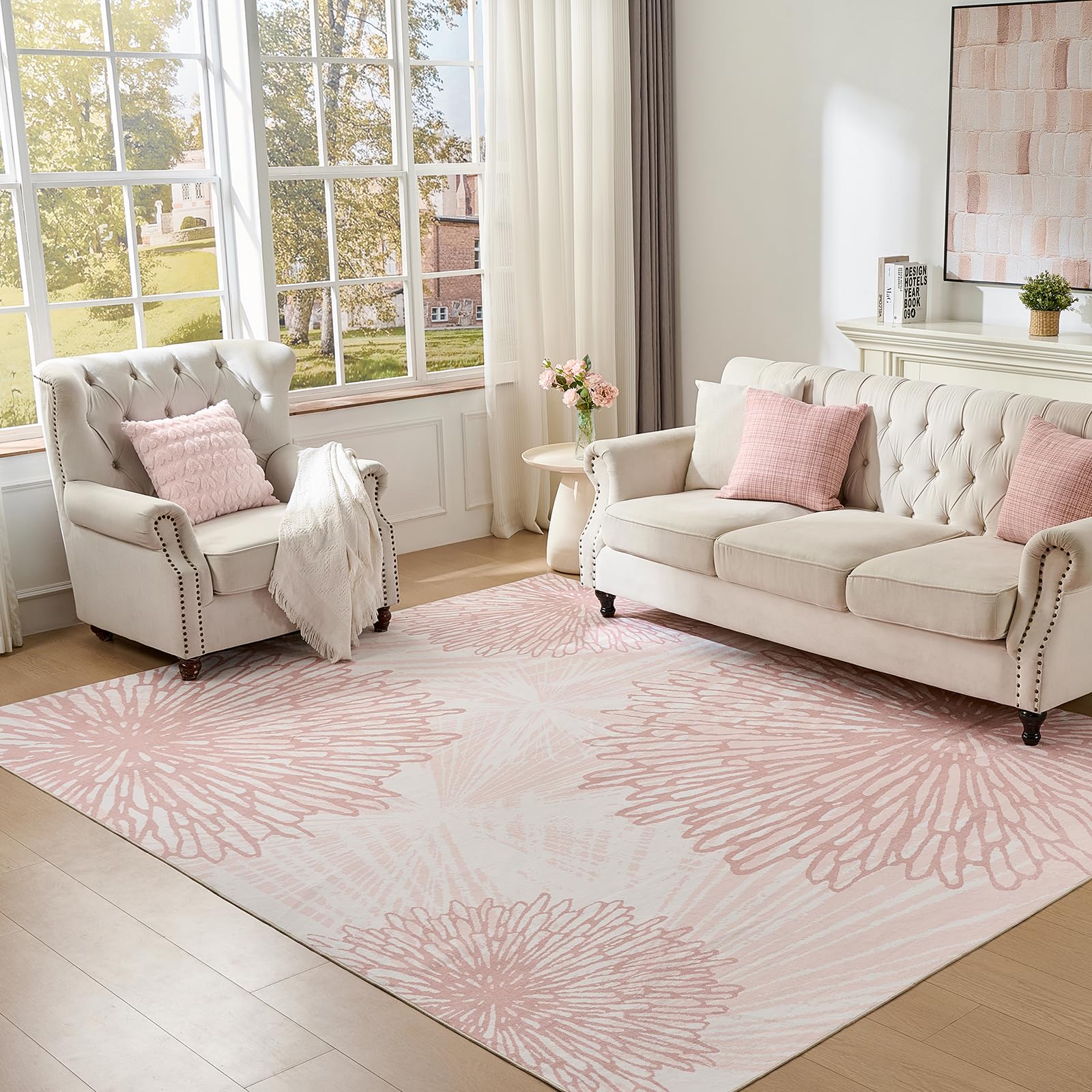 Photo 1 of WITSHOCK Pink Rugs 6x9 for Bedroom Girls,Floral Modern Distress Print Pattern Carpet for Living Room Dining Room,Stain Resistant Anti Slip Backing Rugs for Kids Room Nursery Playroom,Light Pink