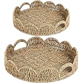 ATEDIR Scalloped Serving Tray, 13.8" Woven Round Table Decor Tray, Wicker Rattan Basket with Handles, Natural Seagrass Tray for Room Decor, Set of 2
