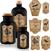 Umigy 3 Pcs Halloween Vintage Glass Potion Bottles with Cork Lid | Black Halloween Tiered Tray Decoration, 12Apothecary Bottles Jars Stickers Labels, Halloween Table Home Bathroom Decor Indoor