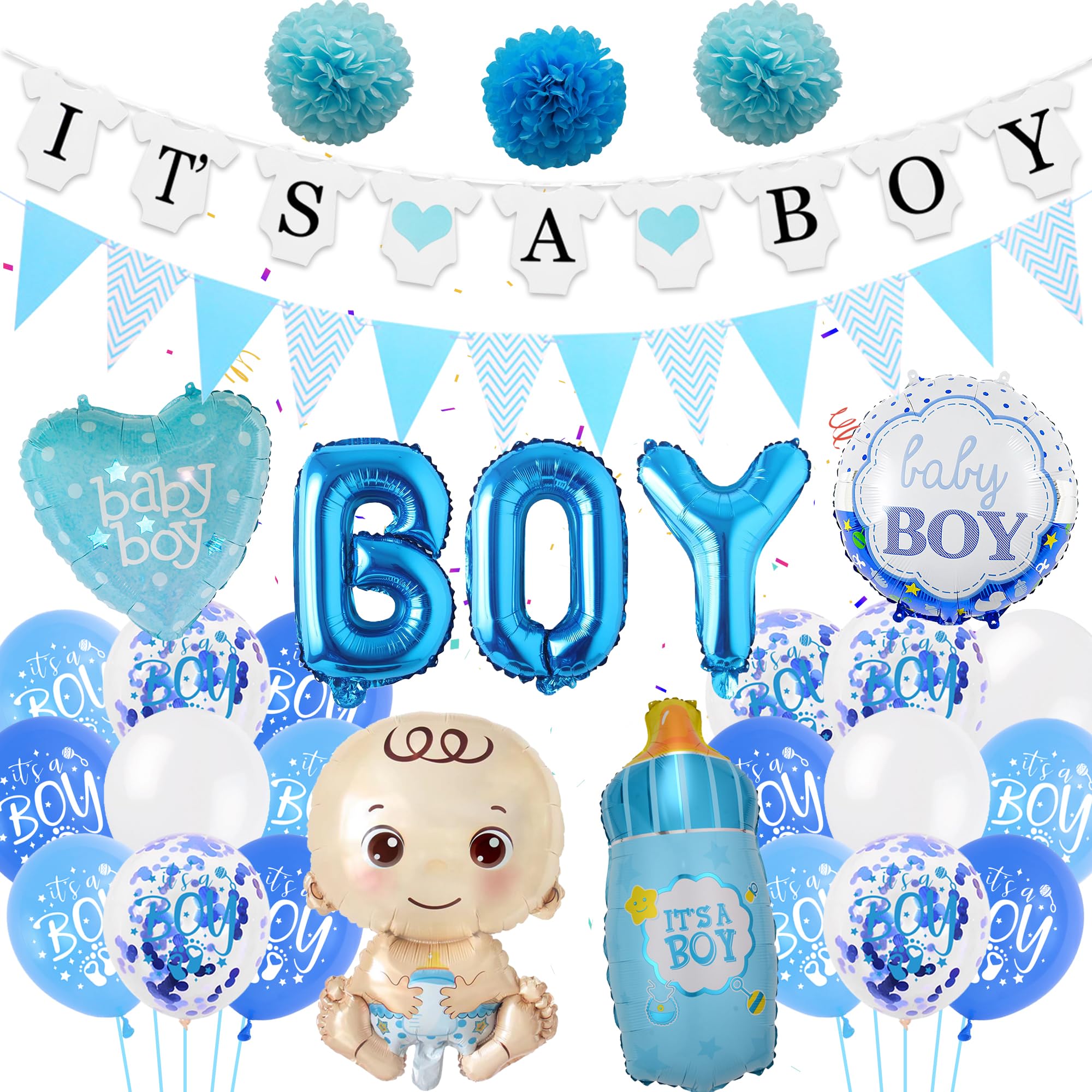 Baby Shower Decoration Boys Balloons - 46 Pieces Cute Gender Reveal Supplies Blue, It's A Boy Letter Banner Bottle Foil Balloon Pompoms for Welcome Party