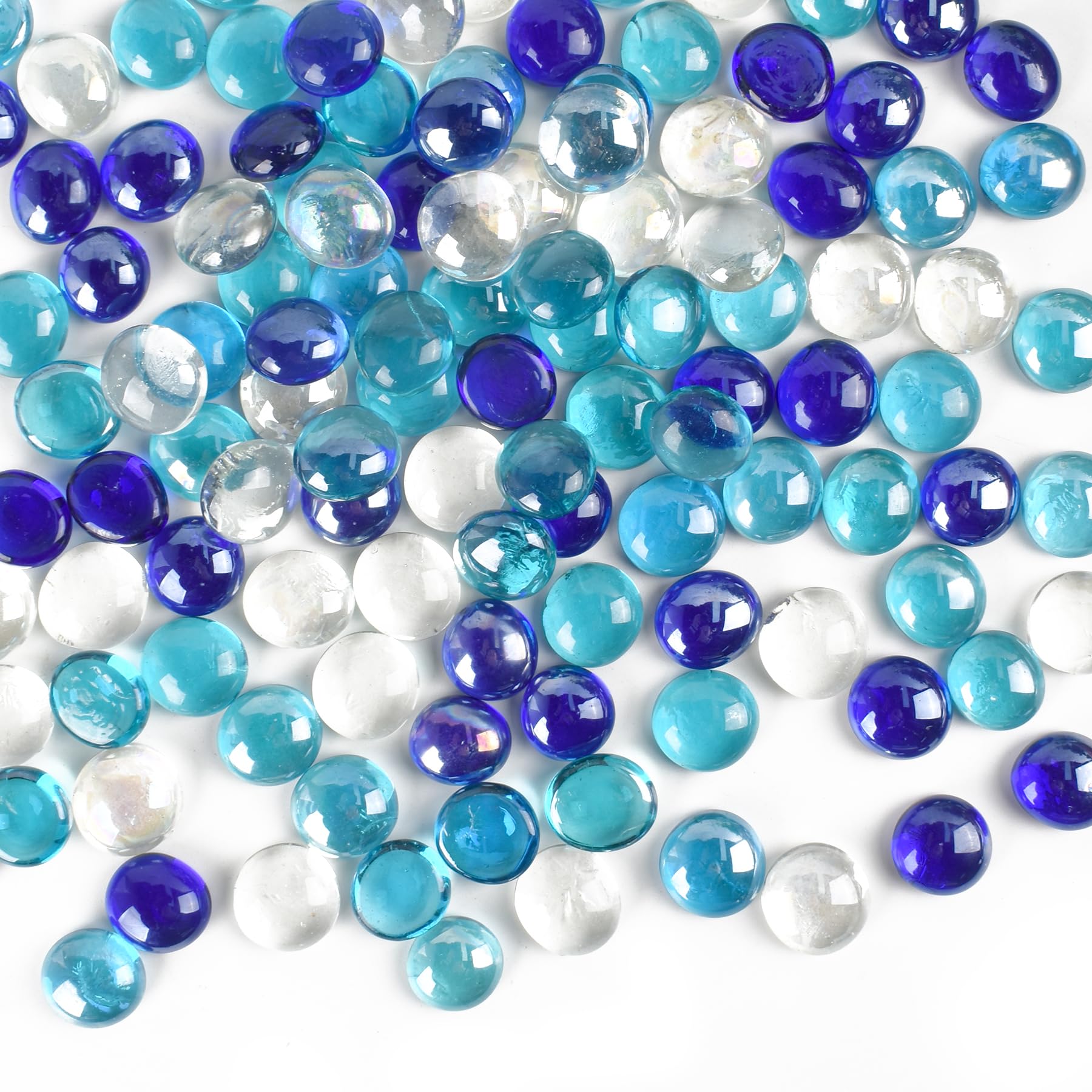 HUIANER Round Glass Pebbles 1LB/450g, Flat Stone Marbles Table Scatter Gems for Vase Filler Aquarium Decor Garden Decoration (Dark Blue, Light Blue and Clean)