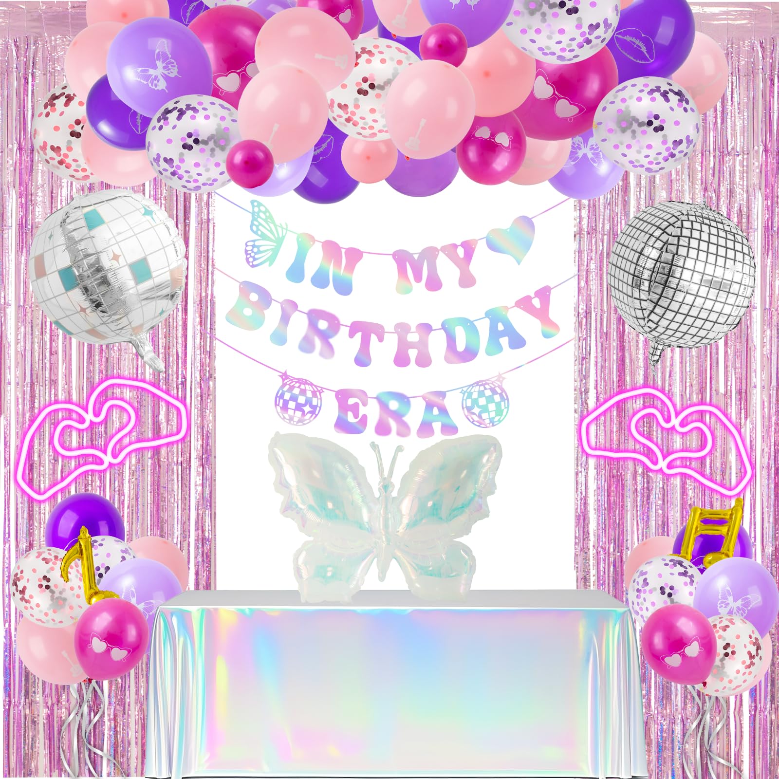 Birthday Party Decorations Supplies, In My Birthday Era Decorations, Valentine Decor Includes Balloons Arch Kit Heart Hand Neon Sign Foil Curtains Tablecloth Banner for Teen Girls Dancing Party Favor