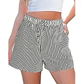 luvamia Striped Shorts for Women High Waisted Beach Casual Drawstring Pull On Elastic Waist Summer Shorts with Pockets