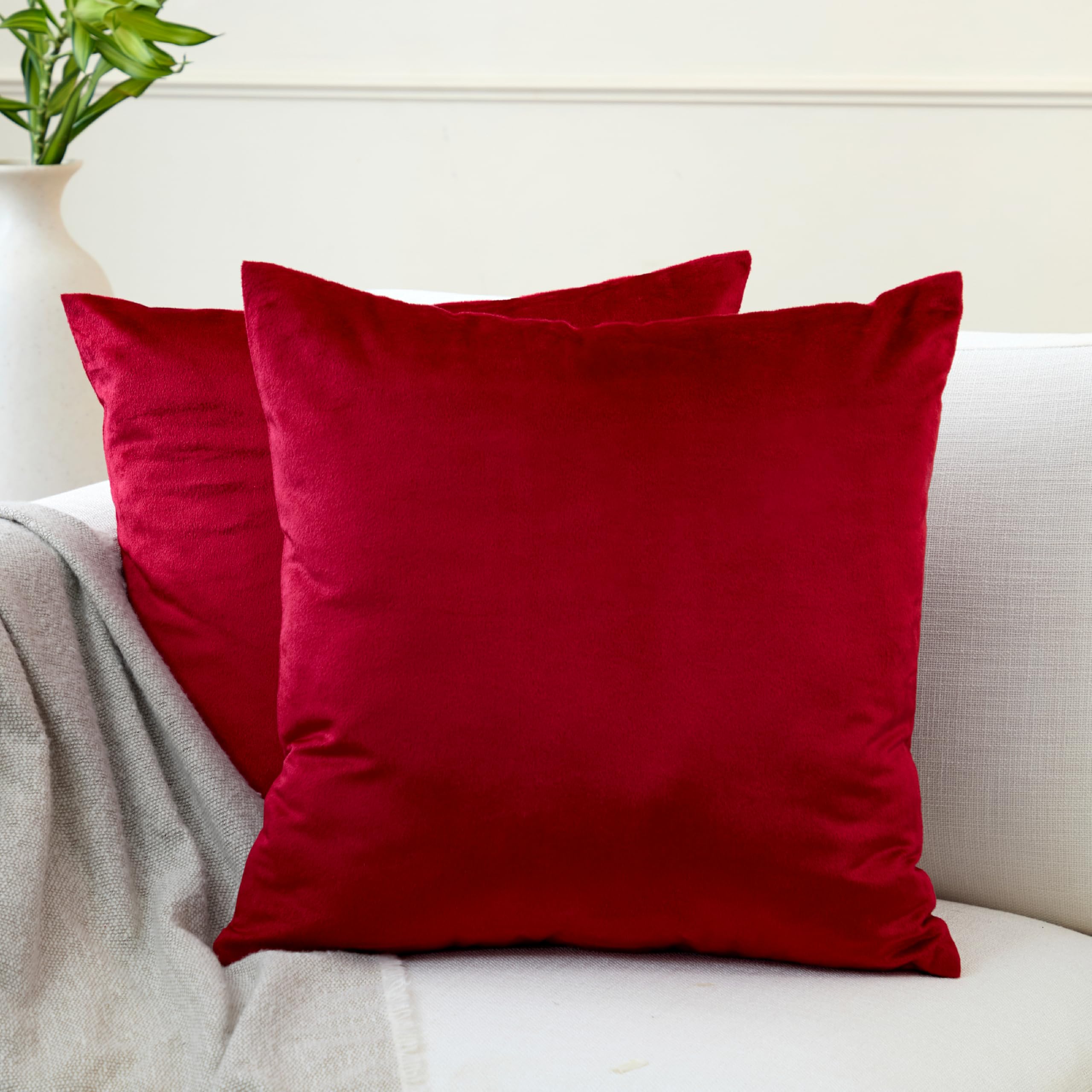 Encasa XO Velvet Cushion Covers (45x45 cm) Set of 02 | Red | Luxurious Square Velvet Throw Pillow Covers With Invisible Zippers | Living Room, Sofa, Chair