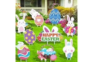 BEEKUSA 9PCS Easter Yard Signs Decorations Outdoor Waterproof Happy Easter Baskets Eggs Bunny Yard Stakes Sign Easter Lawn Yard Decorations for Hunt Game Party Supplies Decor, Easter Props