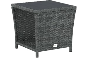 Outsunny 17.7" Wicker Side Table with Storage Shelf, Square PE Rattan Outdoor End Table with PS Wood Slat Top, UV-Resistant f
