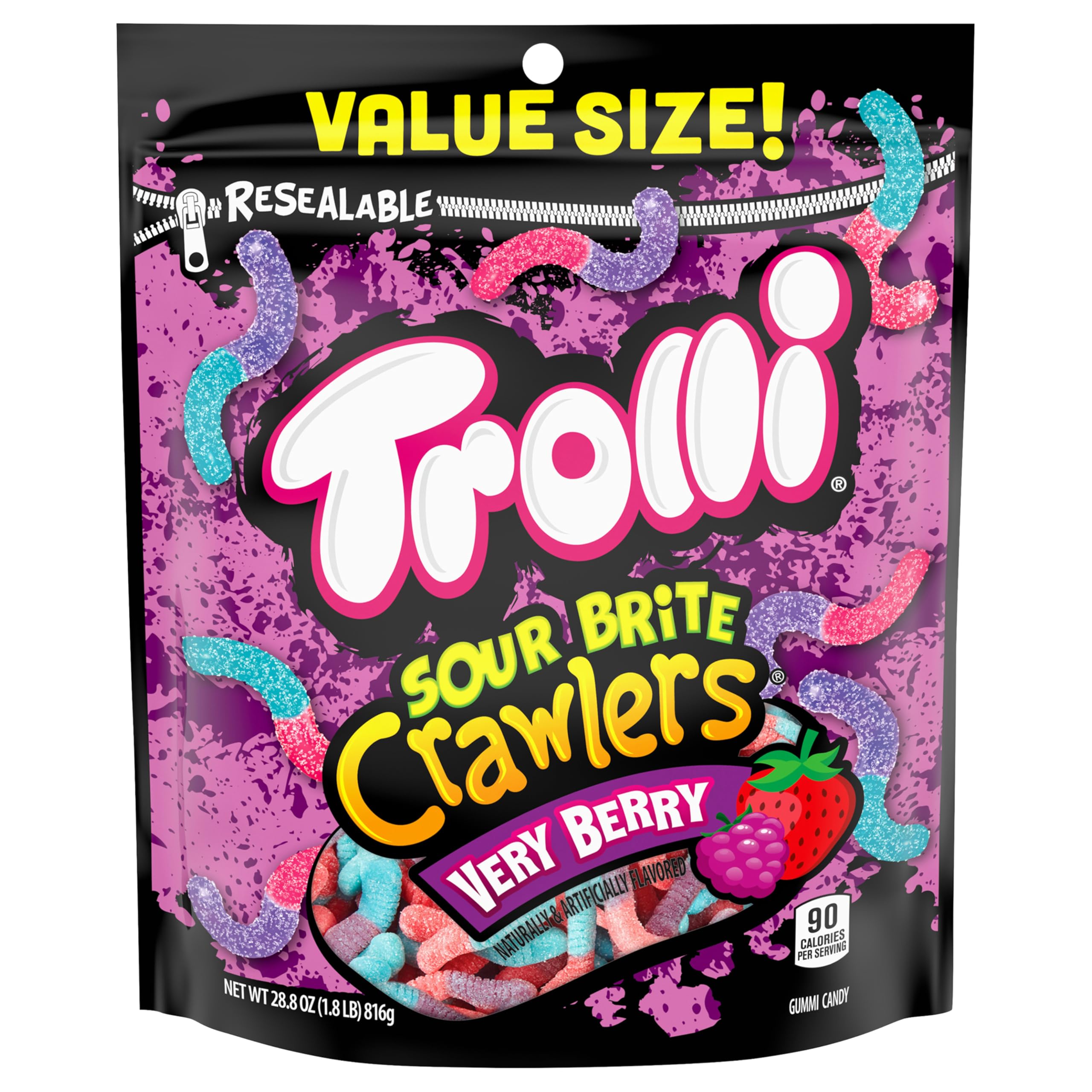 Trolli Sour Brite Crawlers, Very Berry, Sour Gummy Worms, 28.8 Ounce Resealable Bag