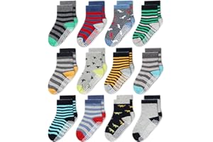 CozyWay Kids Socks With Grippers Non Slip Crew Grip Socks for Girls and Boys Soft Comfy Cotton Unisex - 12 Pack