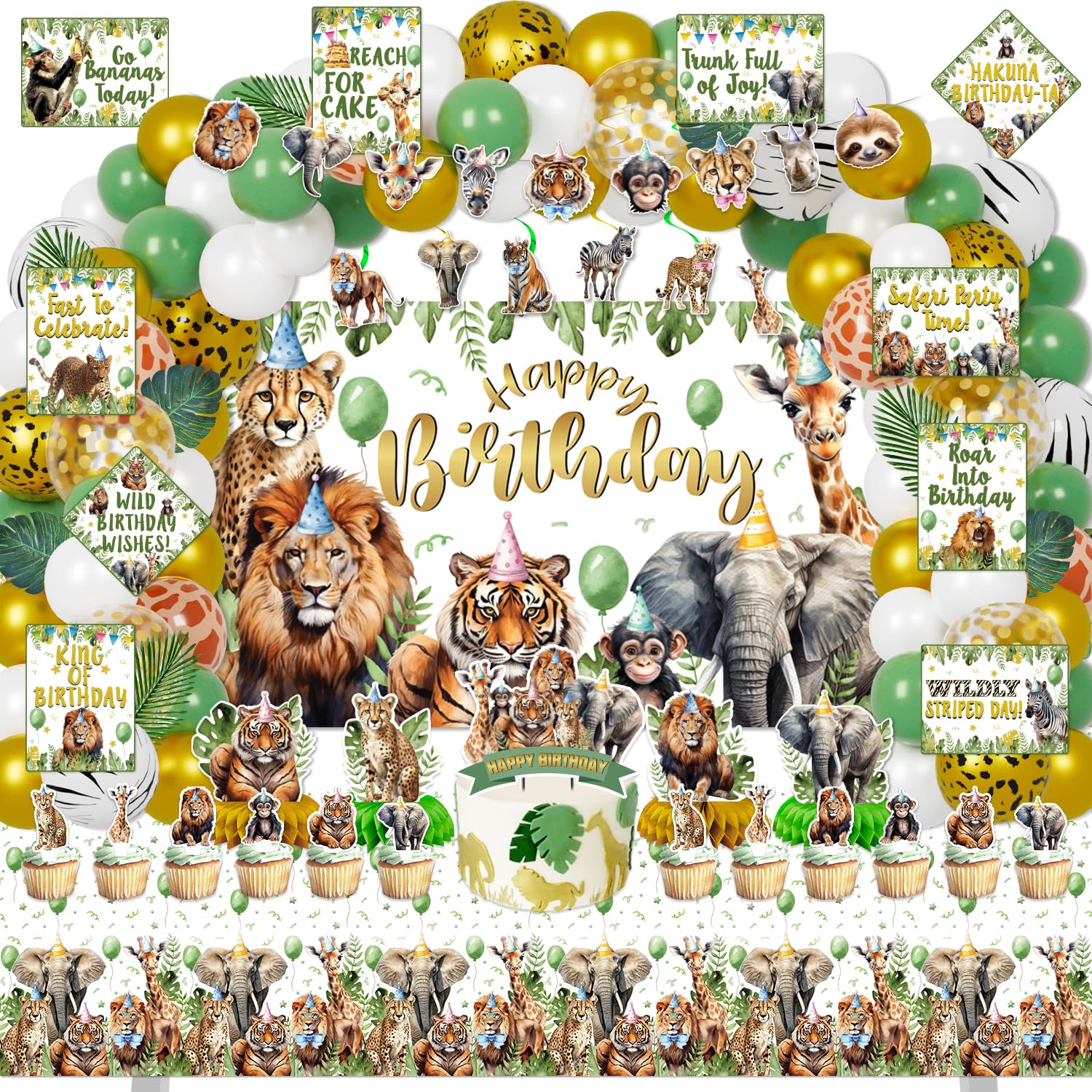 Photo 1 of Mpanwen Safari Birthday Decorations, 140Pcs Zoo Jungle Animal Theme Party Decorations Supplies for Baby - Backdrop, Banner, Cake, Cupcake Toppers, Palm Leaves, Tablecloth, Hanging Swirls, Wall Signs