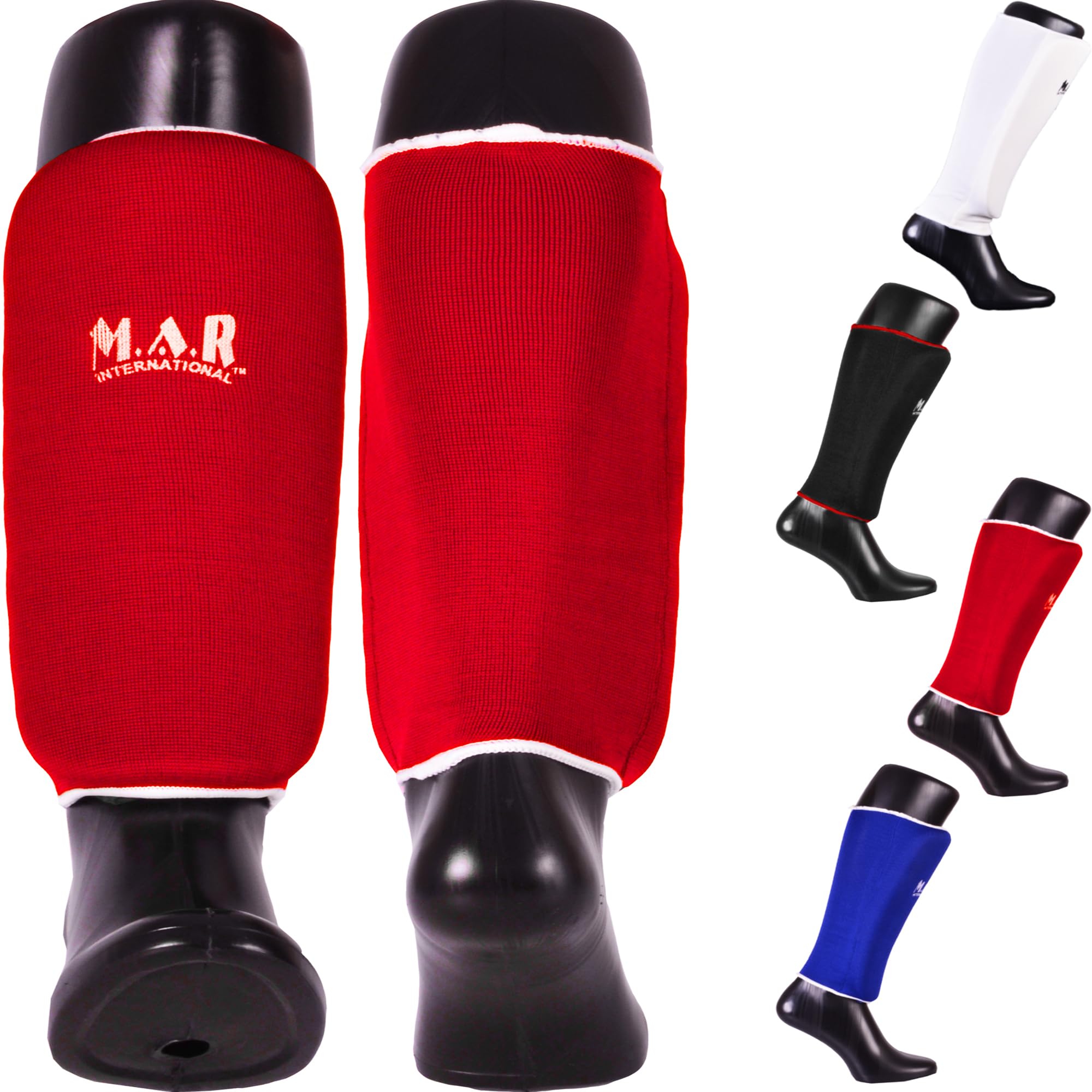 MAR | Red Elasticated Shin Guards for Contact Sports, Slip-On Design with Layered Foam Padding, Training Shin Pads for Kickboxing, Muay Thai, MMA, Karate, Taekwondo & More, Wrestling Kickpads (L)