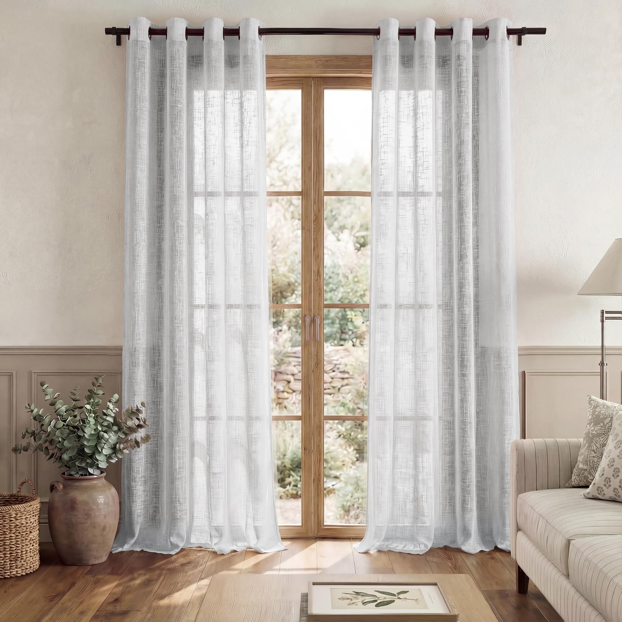 PONY DANCE Eyelet Top Sheer Curtains - Front Door Curtain Voile Panel Fresh Air Through Sunlight Filter Living Room Luxury Long Net Curtains, 1 Pair, 52-inch x 95-inch, Light Grey