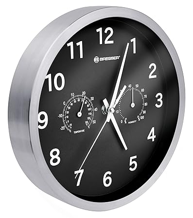 Bresser Funkuhr Wanduhr MyTime Thermo-Hygro mit geräuschlosem Funkuhrwerk, Edelstahlrahmen und Anzeige für Temperatur und Luf
