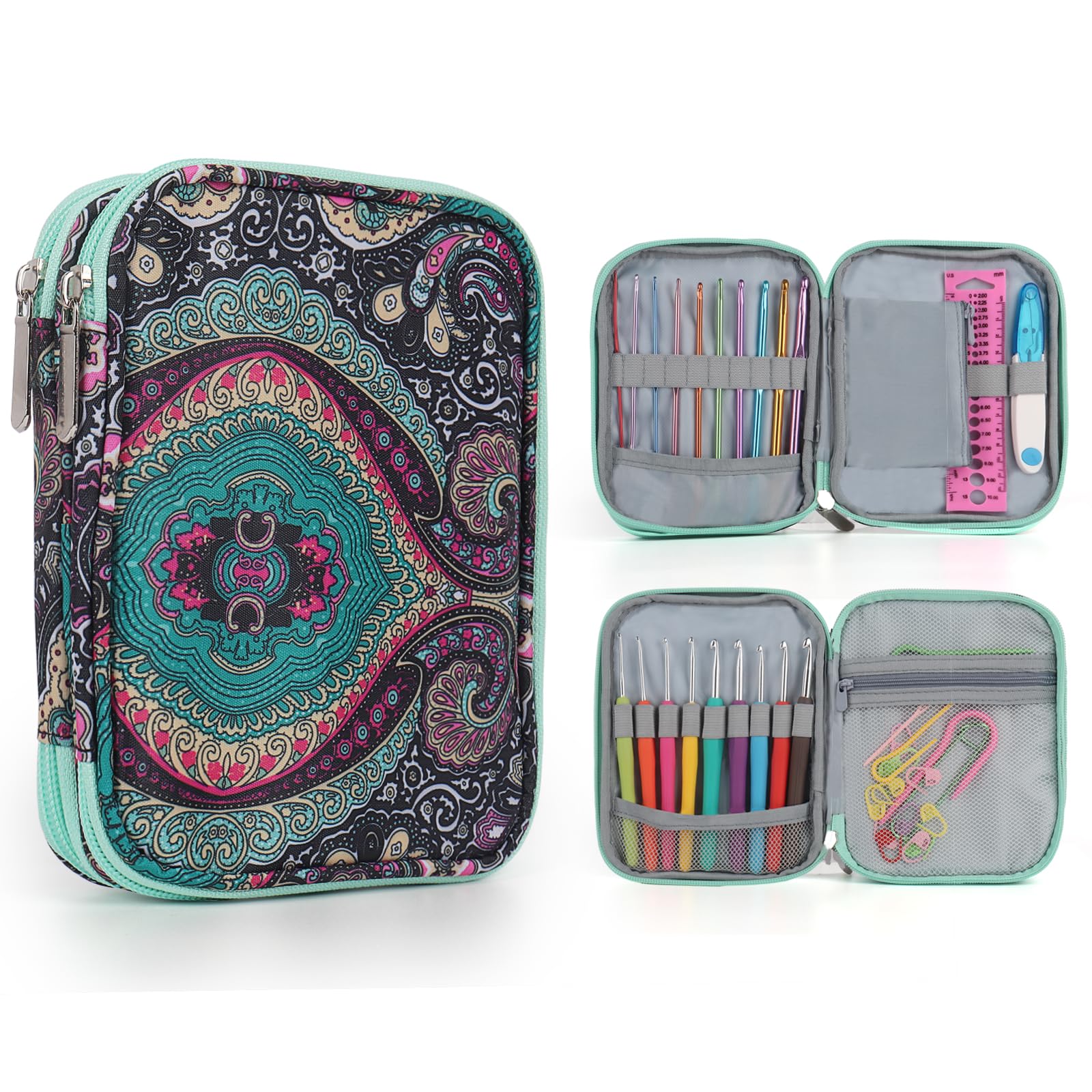 Aeelike Crochet Hook Case Empty, Double-Layer Zipper Crochet Hooks Storage Case for Crochet Needles & Accessories, Travel Crochet Needle Storage Case Holder