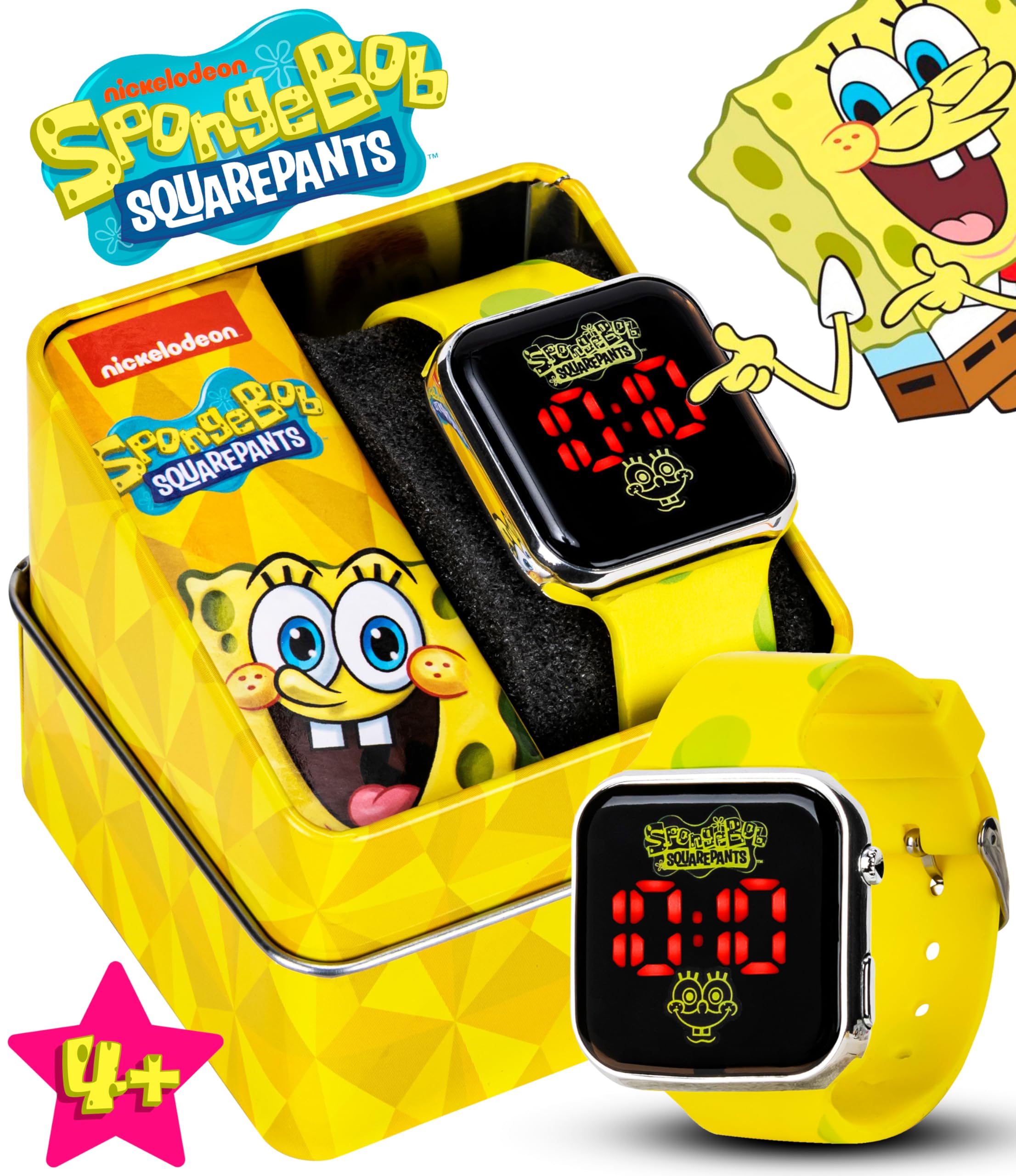 Accutime Spongebob Squarepants Kids LED Watch – Bright Yellow Strap, Cheerful Digital Display, Easy-to-Read, Durable & Gift-Ready Tin Packaging