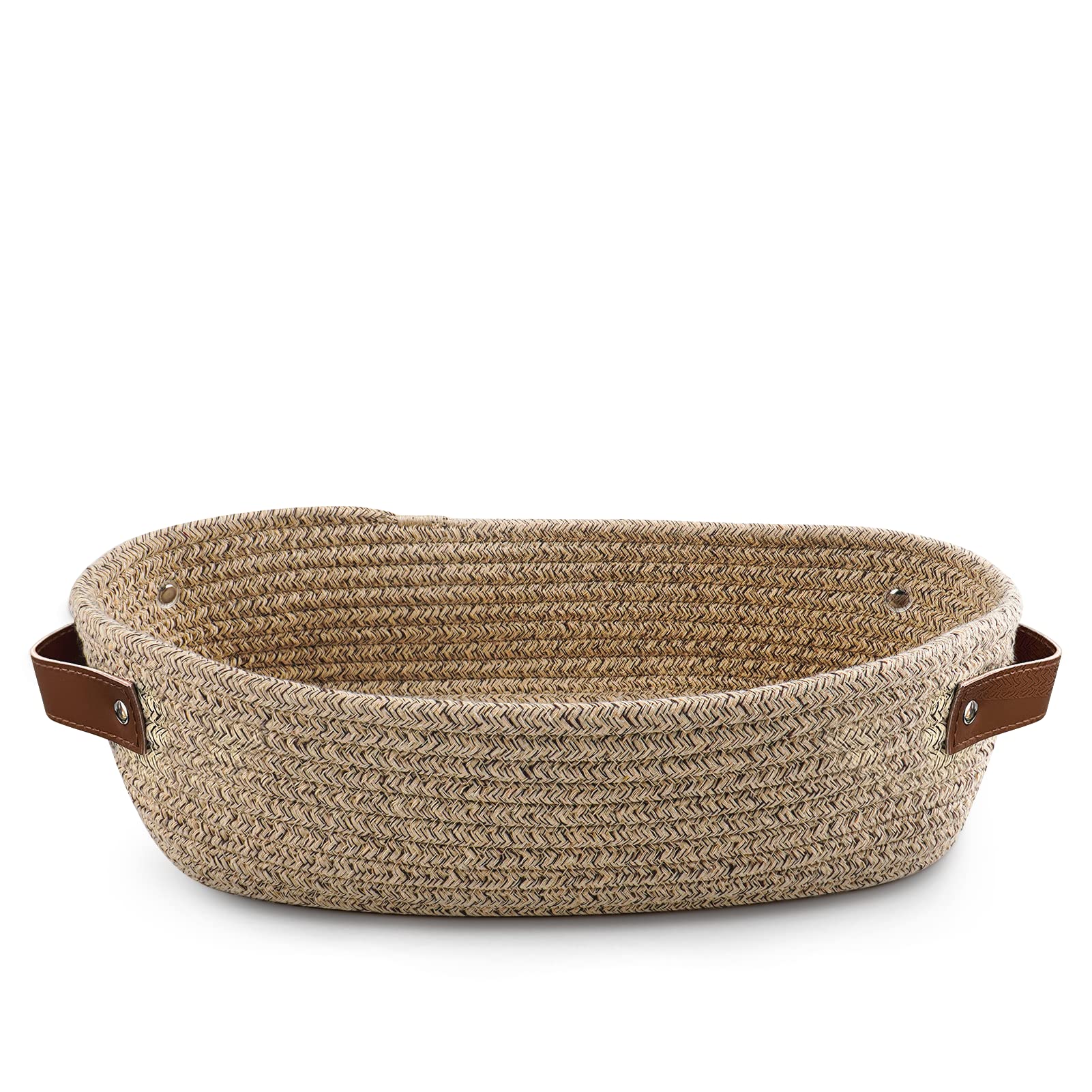TENQUAN Storage Basket Cotton Rope Basket with Leather Handle Woven Shelf Baskets for Cabinet Shelves, Decorative Home Storage Box for Bedroom Bathroom(Light Brown)