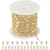 Kyutong 32.8 Feet Gold Plated Jewelry Making Chain on Spool Thin Flat Curb Chains Solid Stainless Steel Jewelry Chain for Necklace DIY with Jewelry Accessories