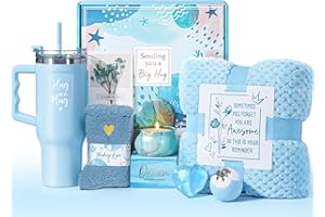 QINLINE Birthday Gifts for Women Self Care Gifts Get Well Soon Gifts, Ocean Relaxing Spa Gifts Basket Care Package w/ Flannel Blanket 40 OZ Tumbler, Mothers Day Gifts for Mom Her Wife Girlfriends Sister Wife