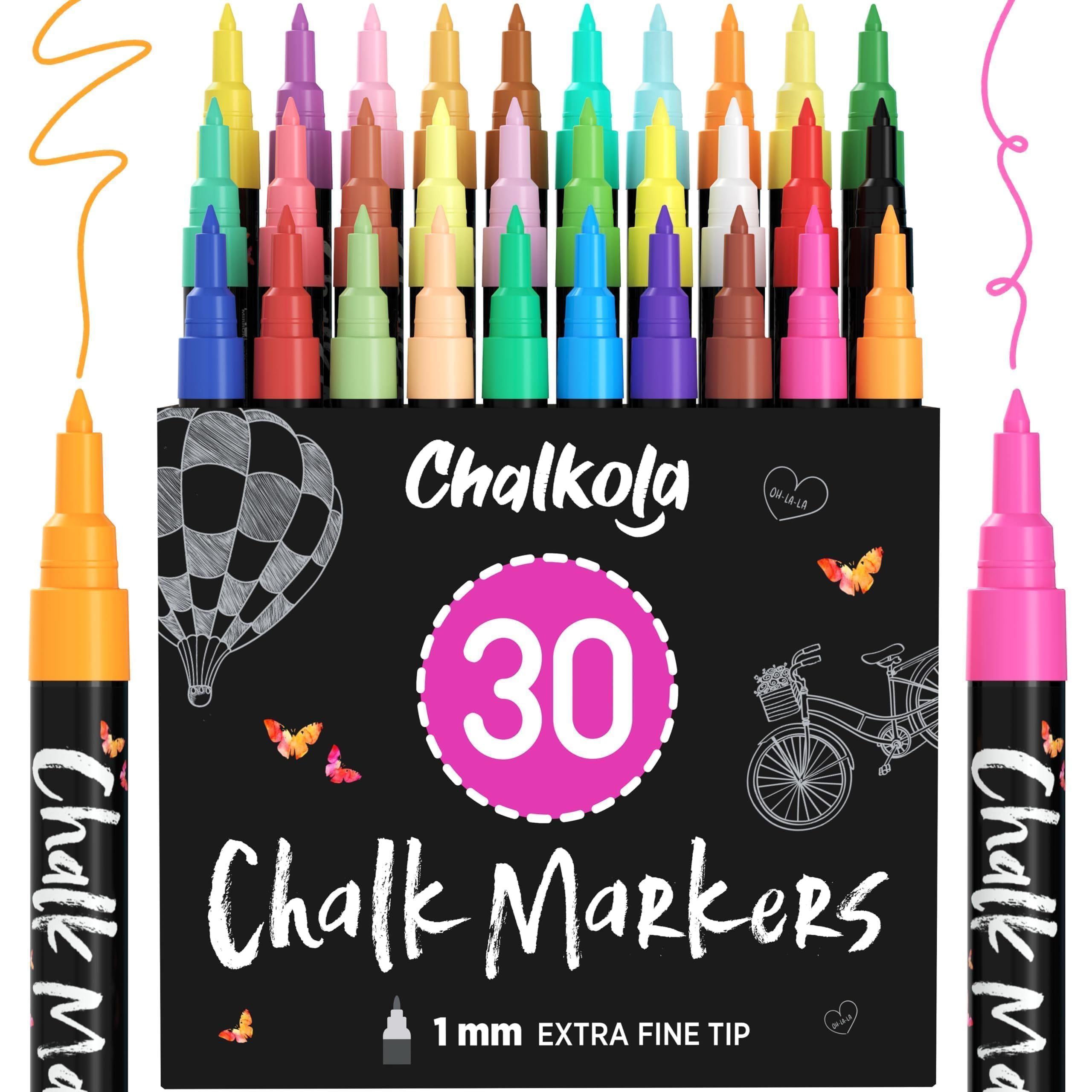 Extra Fine Tip Liquid Chalk Pens (30 Pack 1mm) Pastel + Neon Chalk Pens - Erasable Dry Erase Marker for Chalkboard, Blackboards, Window, Bistro