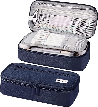WEMATE Large Pencil Case Canvas 9x4.3x2.4in 5 Compartments Blue