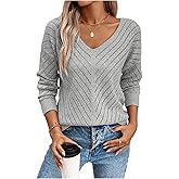 BEAUDRM Women's Hollow Out Pullover Sweaters Vintage Lightweight V Neck Long Sleeve Loose Fit Fall Knit Tops