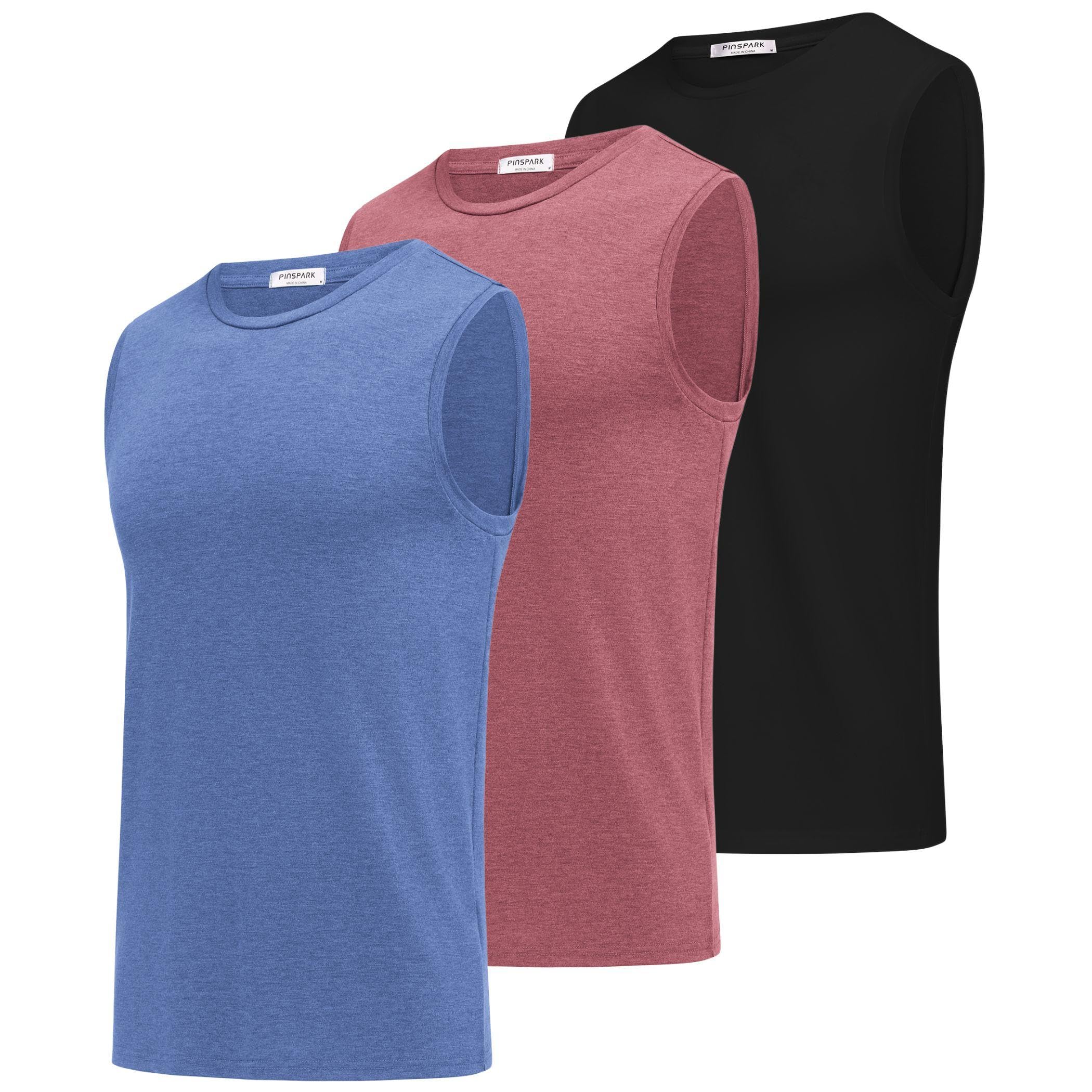 PINSPARK Men's 3 Pack Workout Tank Tops Gym Sleeveless Shirts Quick Dry Training Muscle Shirts for Men