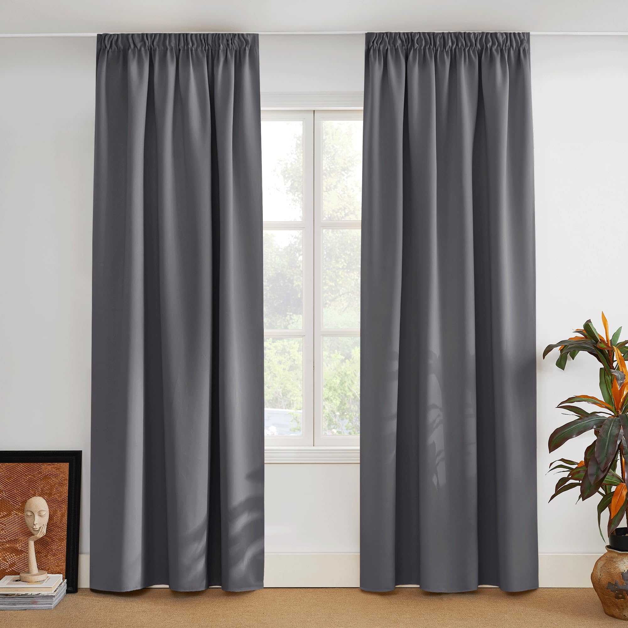 PONY DANCE Pencil Pleat Extra Long Curtains and Thermal Insulated Blackout Curtains for Rail System Set of 2 W55 X 102" for Living Room Grey Opaque