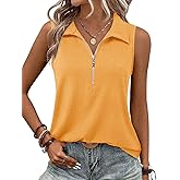 Imily Bela Women's Summer Sleeveless Tank Tops Zipper V Neck Ribbed Dressy Casual Blouses Loose Business Polo Shirts