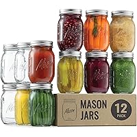 Regular Mouth Glass Mason Jars, 16 Ounce (12 Pack) Glass Canning Jars with Silver Metal Airtight Lids and Bands with…