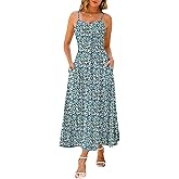Annebouti Women 2026 Summer Spring Ruched Maxi Dress Adjustable Spaghetti Strap Floral Beach Long Sundress with Pockets