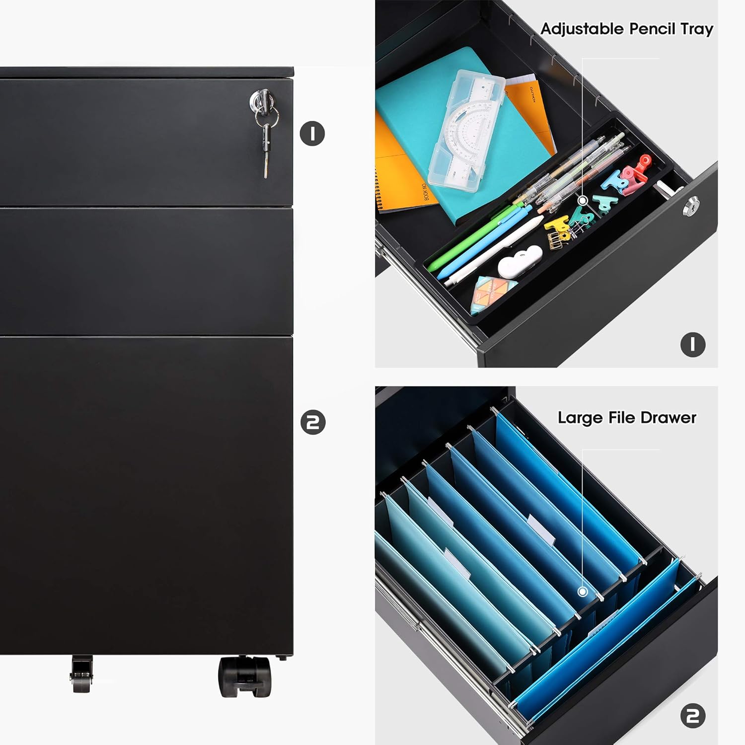 DEVAISE Locking File Cabinet, 3 Drawer Rolling Pedestal Under Desk, Fully Assembled Except Casters, Black : Office Products