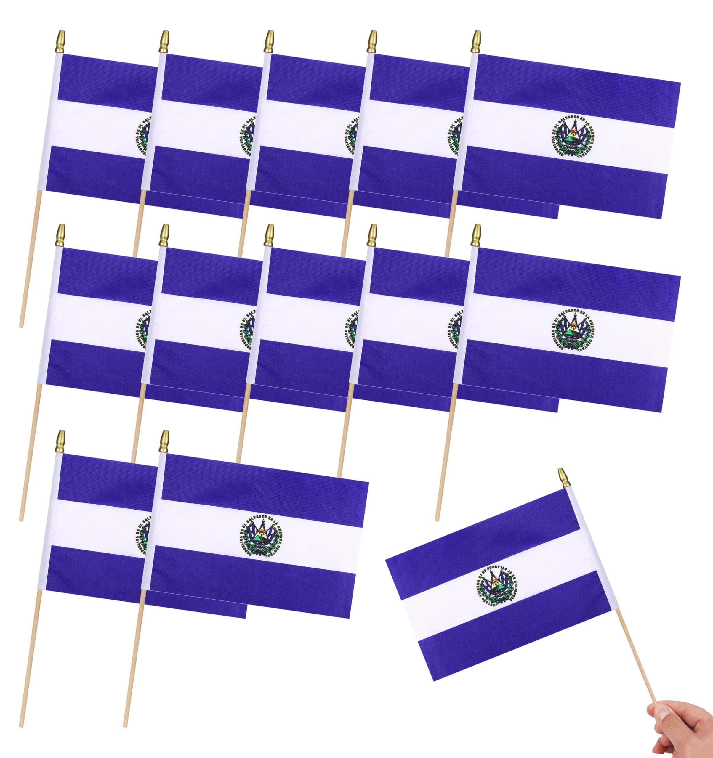 Photo 1 of HSQCEZ 12Pcs Small Salvador Flags on Wooden Stick Mini El Salvador Flag Hand Held Flag Decorations,5x8 Inch