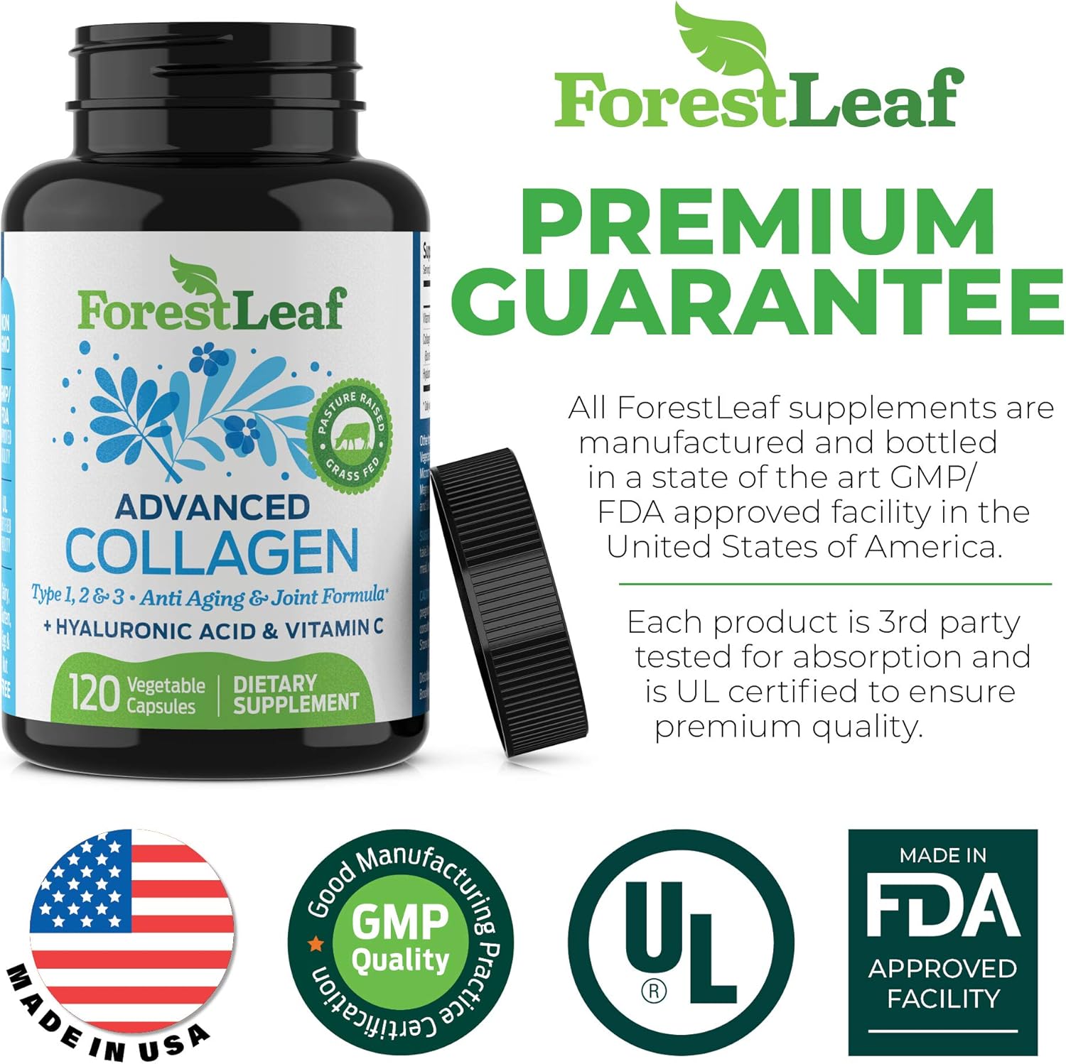 Advanced Collagen Supplement, Type 1, 2 and 3 with Hyaluronic Acid and Vitamin C - Anti Aging Joint Formula - Boosts Hair, Nails and Skin Health - 120 Veggie Capsules - by ForestLeaf: Health & Personal Care