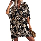 Ekouaer Women's Swimsuit Cover Up 3/4 Sleeve Beachwear Bikini Coverups Button Down Oversized Cover Up Shirt S-3XL