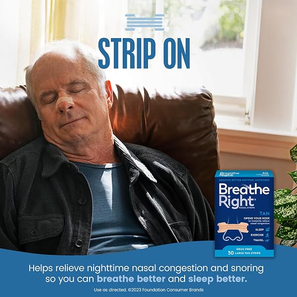 BREATHE RIGHT NASAL STRIPS, EXTRA STRENGTH TAN NOSE STRIPS, DRUG-FREE NASAL CONGESTION RELIEF FOR BETTER BREATHING, HELP RELIEVE SNORING, CAUSED BY COLDS & ALLERGIES, DEVIATED SEPTUM, 30CT