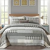 Y-PLWOMEN Quilt King Size - 100% Cotton Grey King Quilt Farmhouse Plaid Quilted Bedspread, 3 Pieces Lightweight Reversible King Size Quilt Bedding Set for All Season