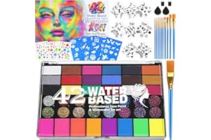 JOBSONSLATES Professional Face Painting Kit for Kids – 42 Color Water Activated Facepaint Makeup Kit, Non-Toxic face Paint with Stencils, Gems, Brushes– for Halloween, Parties, Carnival, School Event & Festivals
